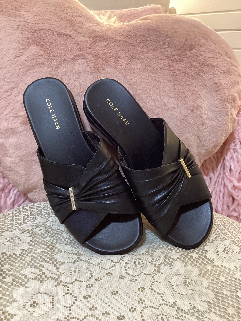 Cole Haan Black Knotted Slide Sandals with Gold Accent